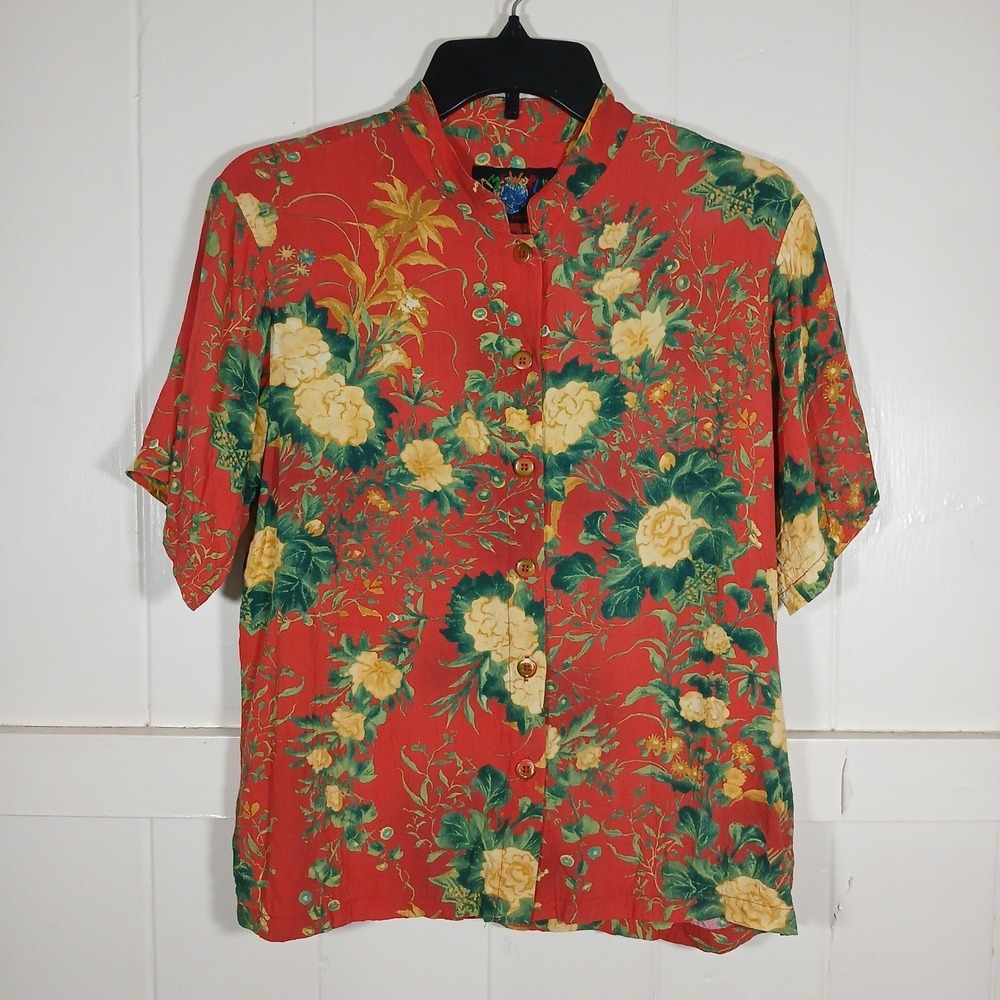 Jams World Womens Folk Flower Rayon Button Up Top Red Floral Hawaii Made Medium
